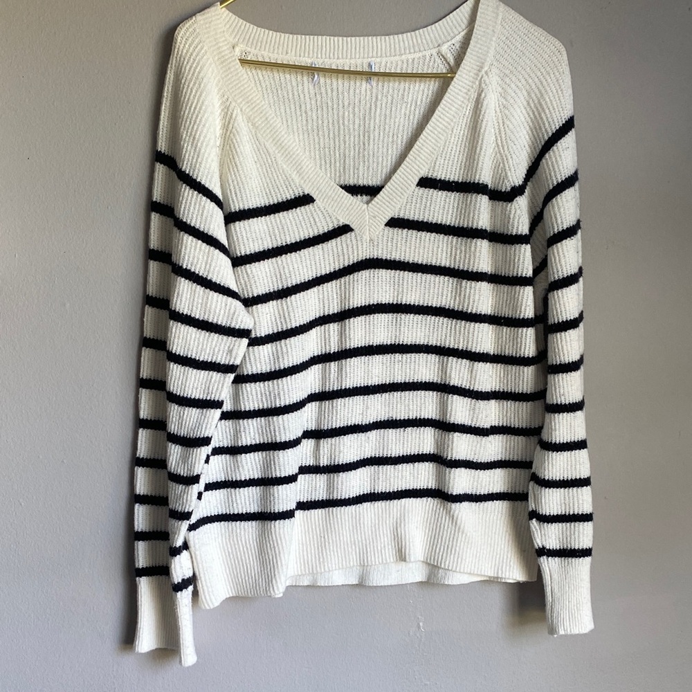 Striped V-Neck Sweater - White with Black Stripes